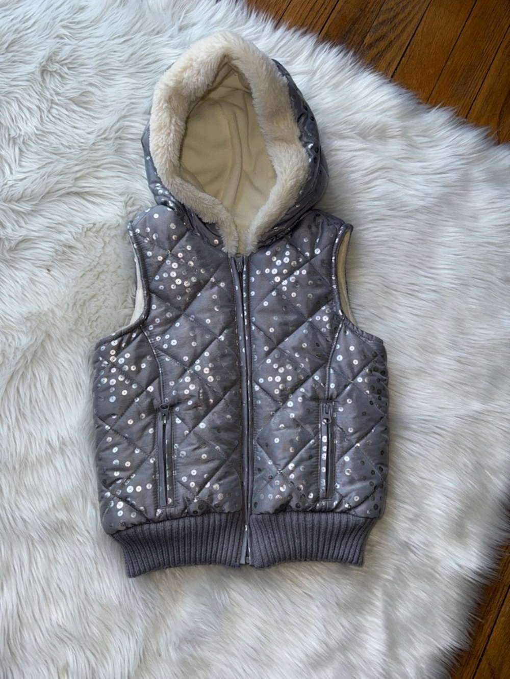 Old Navy Silver Gray Quilted Hooded Puffer Vest with Faux Shearling